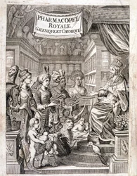 Frontispício da "Pharmacopoeia royal, galenic e chymic" de Morse Charas, Farmácia do Jardim Real das Plantas de Laurent d