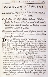 Frontispício do livro "Primeiro livro de memórias sobre electricidade e magnetismo" de Coulomb