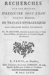 Frontispice do livro "Research on ways to perform under water all types of hydraulic works" da Coulomb