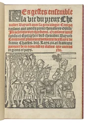 Frontispício de "Os gestos unem a vida do valente Chevalier Bayard à genealogia", de Symphorien Champier