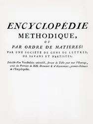 Frontispício da Enciclopédia Metódica por Ordem do Sujeito, editado por Denis Diderot e Jean Le Rond DAlembert, publicado em 1782 (impresso)