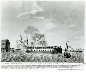 Navio de guerra Fulton a vapor, Fulton the First, projetado e construído por Robert Fulton para a defesa de Nova York na guerra de 1812 (bw photo of early 19th c. Gravura)