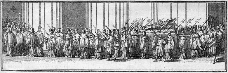 Funeral de um papa no século XVIII: o corpo do papa leva para a Igreja de São Pedro em Roma. Gravura em "Histoire des religions".