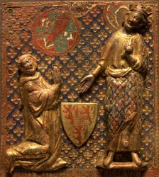 Placa funerária: Guy de Meyos ajoelha-se em frente a São Luís (Luís IX de França