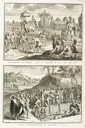 Ritos fúnebres e a maneira de senhores sepultadores após sua morte, no Peru, ilustração de Cerimônias Religiosas e Costumes, gravada por Bernard Picart (1673-1733) 1722