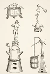 Fornos, retortas, alambiques e aparelhos de destilação usados por químicos e alquimistas no século XVI, de Ciência e Literatura na Idade Média por Paul Lacroix (1806-84) publicaram Londres em 1878 (l