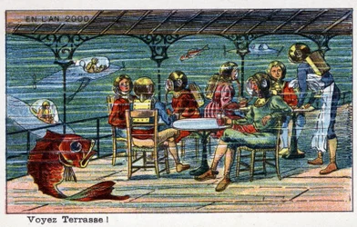 Futuredays: Uma Visão do Século XIX do Ano 2000 - Série "No ano 2000": Ver terraço (debaixo do mar). Cromolitografia de Villemard