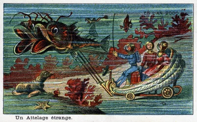 Futuredays: Uma Visão do Século XIX do Ano 2000 - Série "No Ano 2000": Um estranho engate (tanque puxado por peixes debaixo do mar). Cromolitografia de Villemard
