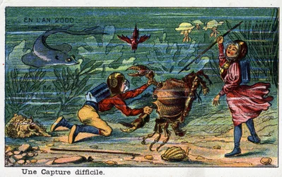 Futuredays: Uma Visão do Século XIX da Série do Ano 2000: Uma Captura Difícil (Debaixo do Mar). Cromolitografia de Villemard