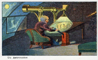 Futuredays: Uma Visão do Século XIX da Série do Ano 2000: Um astrônomo (trabalhando com um telescópio em particular). Cromolitografia de Villemard
