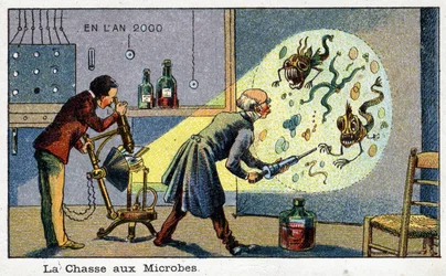 Futuredays: Uma Visão do Século XIX da Série do Ano 2000: A Caça aos micróbios (2 cientistas removendo micróbios aumentados usando uma máquina). Cromolitografia por Villemard