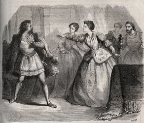 Gabrielle de Vergy contesta seu noivo, Eudes de Fayel, que tem ciúmes da amizade que tem com seu primo, Albert de Nozereau. Cena de uma lenda do século XII. Gravura de 1871 em "Histoire Des Cocus Celebres" de Henry de Kock (1819-1892).
