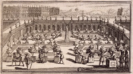 Jardineiros trabalhando em um jardim de laranja, de The Perfect Gardener, ou Instrução para Jardins de Frutas e Hortas, de Jean de la Quintinye, publicado em 1695