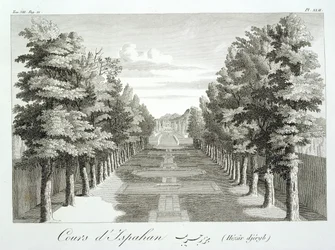 Jardins em Tshehar-Bagh, Isfahan, de Travels of Chardin Knight na Pérsia e outros lugares do Oriente, por Jean Chardin (1643-1713), publicado em 1811