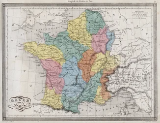 Gália dividida em províncias romanas - Placa extraída do "Atlas Universal da geografia antiga e moderna para escolas residenciais" por Vuillemin - ca. 1845
