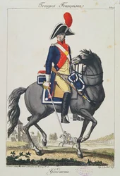 Gendarme montado em um cavalo, 1807 (gravura de cor)