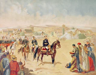 General Jacques Achille Duchesne (1837-1918) entrando em Tananarive, Madagascar, 1º de outubro de 1895 (gravura colorida)