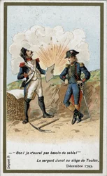General Jean Andoche Junot (Jean-Andoche) (1771-1813), Duque de Abrantes escrevendo uma carta para Napoleão Bonaparte no cerco de Toulon, em dezembro de 1793. Uma bola britânica cobriu o papel do NCO Jugnot com terra: "Bem", disse ele, "Não vou precisar de