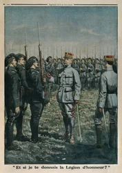 General Petain inspecionando o 42º Regimento de Infantaria de Montanha, e se eu lhe der Legião de Honra, ilustração da capa do Le Petit Journal, suplemento ilustre, 23 de setembro de 1917 (