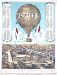 Vista Geral de Paris e lista dos locais de partida dos balões durante o Cerco de Paris, 1871