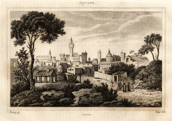 Vista geral de Siena (Siena) na Toscana, gravura de C. Deveze em "Itália pitoresca", editora Amable Coste