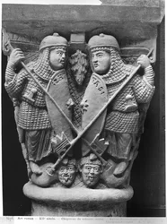 Generosidade e caridade, perfurando dois vícios, capital representando a luta dos Vícios contra as virtudes, da igreja de Notre-Dame-du-Port, Clermont-Ferrand (gesso de pedra) (s