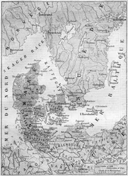 Mapa geográfico da Dinamarca em 1861, com os duques de Schleswig, Holstein e Lauenburg. Gravura em "Le Monde Illustré" n°200 de 9 de Fevereiro de 1861.