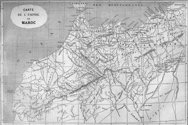 Mapa geográfico do império de Marrocos em 859. Gravura em "Le Monde Illustré" n°129 de 1 de Outubro de 1859.