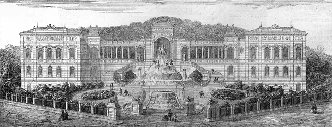 Vista geométrica do Palais de Longchamp em Marselha, Bouches du Rhone (13), construído em 1862 por Henri Jacques Esperandieu (1829-1874). Gravura em "Le Monde Illustré" n°681 de 30 de Abril