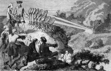 Georges-Louis Leclerc (1707-88) Conde de Buffon experimentando espelhos faiscantes em palheiros em Montbard, de La Vie des Savants Illustres, de Louis Figuier, publicado em Paris em 1872