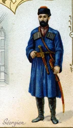 Georgiano macho . Edição da litografia parisiense, final do século XIX. Série de 25 cromos publicitários para a fabricação Dijon de Biscoitos Pernot, criada em 1869. Detalhe dos personagens em traje tradicional.