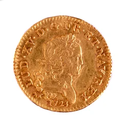 Ouro francês Luís, reinado do rei Luís XV (1715-1774) 1723 Diam. 2,3 cm Nápoles, museo archeologico