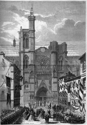 Arquitectura gótica: vista da Cathedrale Notre Dame de Clermont Ferrand (Clermond-Ferrand), Puy de Dome (63), durante a visita de Napoleão III e da Impression Eugenie de Montijo em 1862. Gravura em "Le Monde Illustré" n°275 de 19 de Julho de 1862.