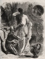Mitologia grega: o rei Candaules da Lídia mostra a sua mulher nua ao seu confidente Giges e esconde-se nas sombras enquanto ela se despe no quarto. Gravura de 1871 em «Histoire des cocus célèbres», de Henry de Kock (1819-1892).