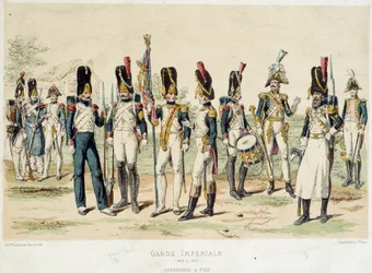 Grenadiers um pé da Guarda Imperial de Napoleão I (entre 1804 e 1814). Gravura do século XIX. Paris, Artes Decorativas