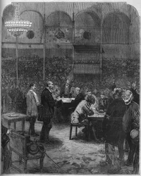 Greve des cochers de charres de Paris em 1878: eleição de delegados para a companhia de Petites Cars (Petite-Cars) no circo Fernando. Gravura no "Le Monde Illustré" n°1116 de 17 de Agosto de 1878.