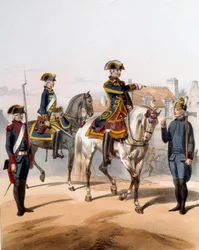 Guardas da Cidade de Paris (guarda de cavalos, vigilância de cavalos, vigia, guarda de bombas). Gravura do século XIX. Paris, Musee de la Prefecture