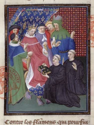 Guillaume de Nangis (d.1300 ou 1303) apresenta seu livro a Philippe IV le Bel, rei da França de 1285-1314 (vellum) (detalhe de 239257)