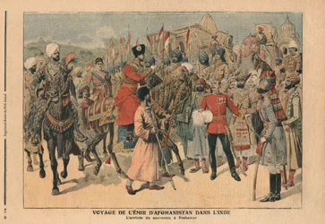 Habibullah Kahn (1872-1919) Emir do Afeganistão chegando a Peshawar, Índia, ilustração de &39;Le Petit Journal&39;, suplemento ilustrado, 20 de janeiro de 1907
