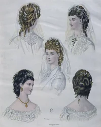 Penteados, ilustração, de, la, illustree mod, 1872, (color, engraving)