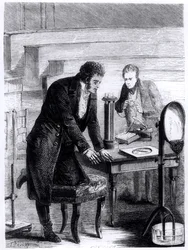 Hans Christian Oersted (1777-1851) descobrindo o desvio da agulha magnética por corrente fechada em 1820, de Les Merveilles de la Science por Louis Figuier (1819-94), 1867