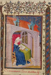 Harl 4431 f.4 Christine de Pisan escrevendo na sua secretária, de 