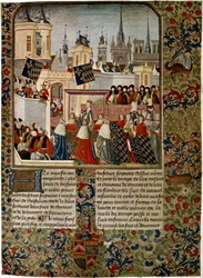 Harley 4379 f.3 Entrada da Rainha Isabel, ex-consorte de Eduardo II (1284-1327) em Paris em 1325, executada por Jean Froissart (c.1333-c.1404) para o historiador Philippe de Comines (1445-1509) ( velino)