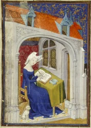 Harley MS 4431 f.004r Detalhe de uma miniatura de Christine de Pizan em seu escritório no início das ‘Cent balades’, c.1410-14 (tinta e cor em pergaminho)