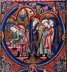 Harley Ms.1526 fol.27 Menelaus entrega o dinheiro do tributo a Antioquia, Rei da Síria, e assegura o Alto Sacerdócio para si próprio com o suborno, no final do século XIII (vellum)