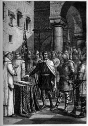 Haroldo, rei dos ingleses, jura fidelidade a Guillaume, Duque da Normandia (Guilherme I) - Haroldo II (1020-1066) último rei anglosaxão coroado em 1064, prestando juramento sobre as relíquias sagradas perante Guilherme I, o Conquistador, para apoiar a sua 
