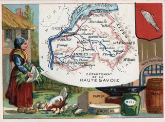 Haute Savoie (Haute-Savoie, 74), Rhone Alpes (Rhone-Alpes), França. Especialidade local: papel, gruyere, mel, tabaco e altos-fornos. Série sobre os Departamentos franceses. Chromolitografia (Chromo) "o fio geográfico", cerca de 1920. Coleção particular