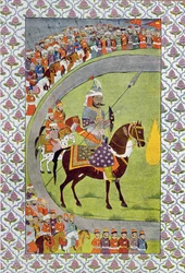 Ele segurou sua lança e seu escudo, ilustração de The Arabian Nights, 1895 (gravura a cores)