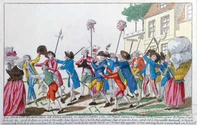 Chefes de dois dos guardas dos reis mortos em 5 de outubro de 1789 em Versalhes pela máfia parisiense são levados em triunfo a Paris