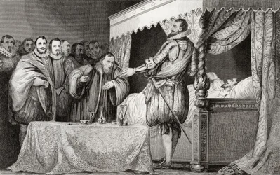 Henri III (1551-89) nomeia Bearnais (1553-1610) como seu sucessor, de &39;Histoire de France&39; por Colart, publicado em 1840.